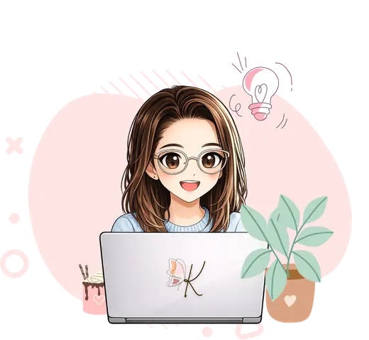 Cozy laptop illustration showing Printables and Mini Tools, with a plant, coffee, and notebook